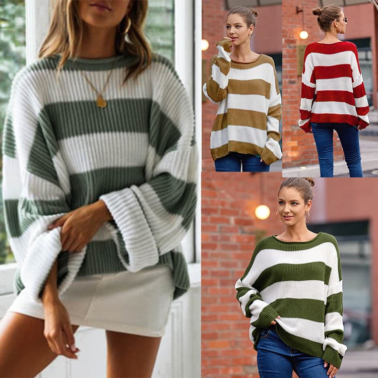 Temperament round neck long-sleeved sweater cross-border women's clothing autumn and winter new European and American striped loose casual sweater tops for women
