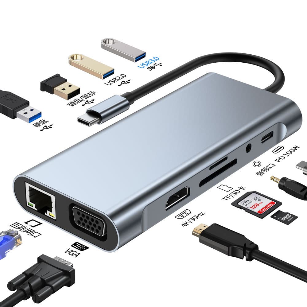 Cross-border Type-C Expansion Dock 11-in-1 Hub 4K 30Hz/60Hz Gigabit Factory Stock OEM