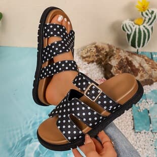 European and American Retro Polka Dot Wedge Sandals for Women, New Summer Style, Thick Sole Belt Buckle, One-Strap Sandals to Match Dresses
