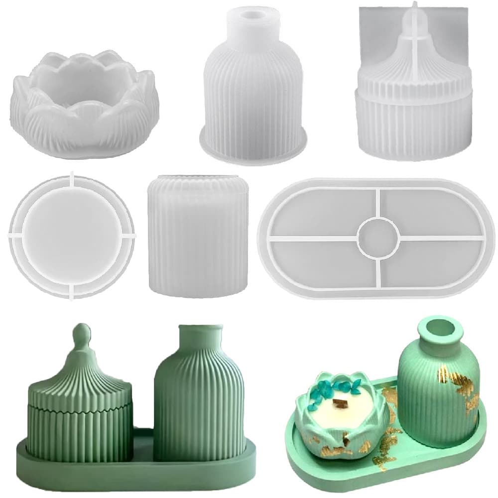 Lotus Candle Holder Striped Vase Resin Silicone Mold, Epoxy Resin DIY Storage Box Tray, Plaster Cement Tray