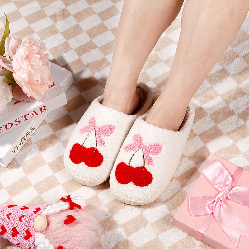 New Comfortable Home Bow Cherry Warm Winter Cotton Slippers for Couples, Men and Women, Thick Sole Soft Sole with Strong Anti-slip