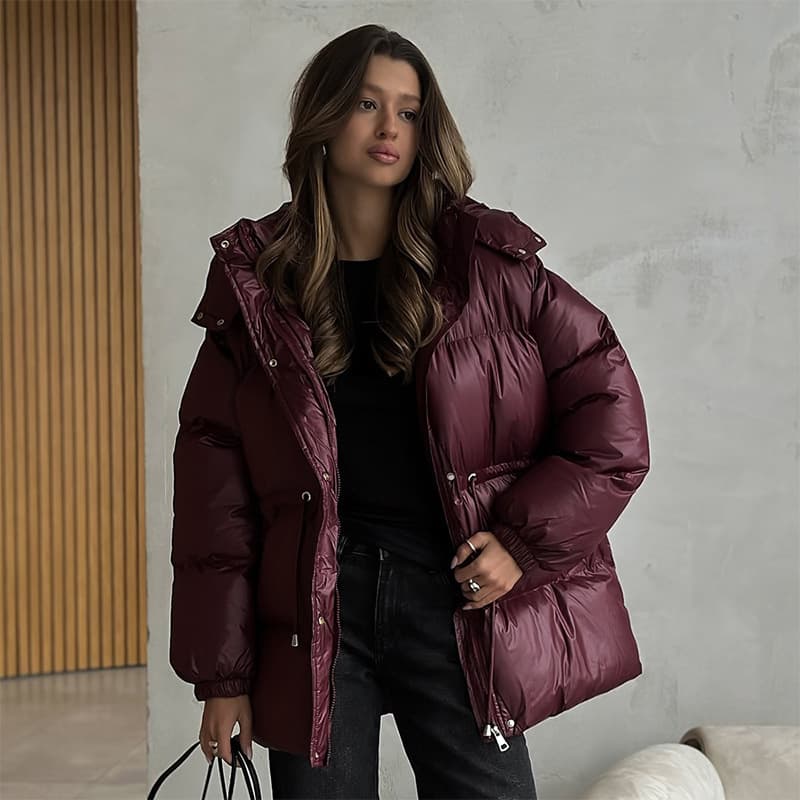 Drawstring Slim-Fit Cotton Jacket, Cross-Border 2025 Winter New Solid Color Simple Warm Hooded Cotton Coat