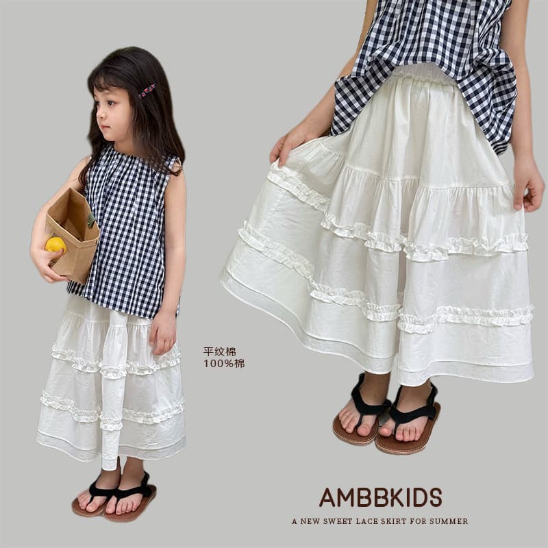 Elmo Beibei Summer Girls' Fashionable Layered Lace Sweet and Versatile Mid-Length Cotton Skirt