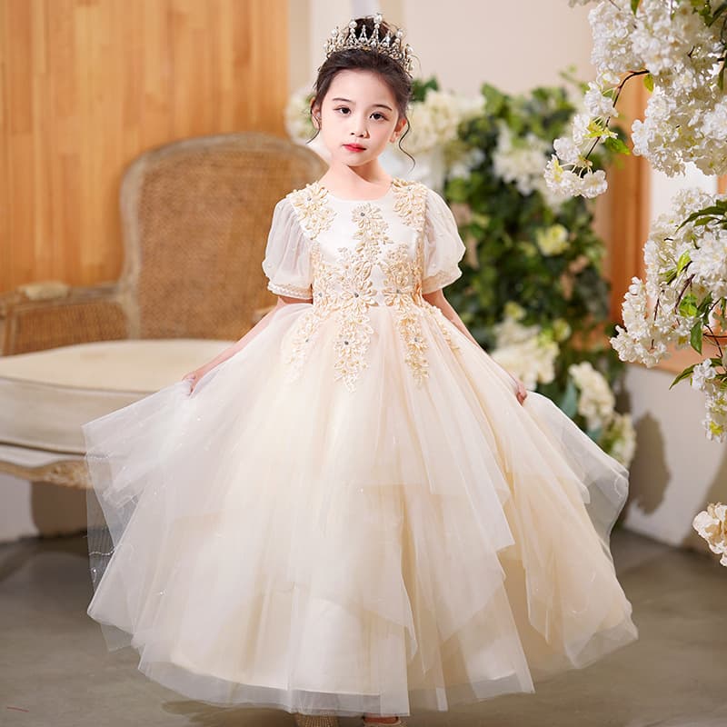 Children's dress female princess European and American flower girl performance host birthday spot sequined lace mesh puffy dress