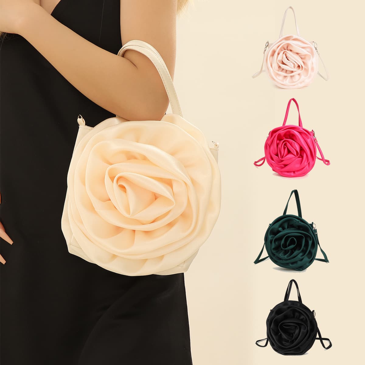 New Cross-Border Satin Silk 3D Rose Flower Shape Handheld Crossbody Party Wedding Women's Evening Bag