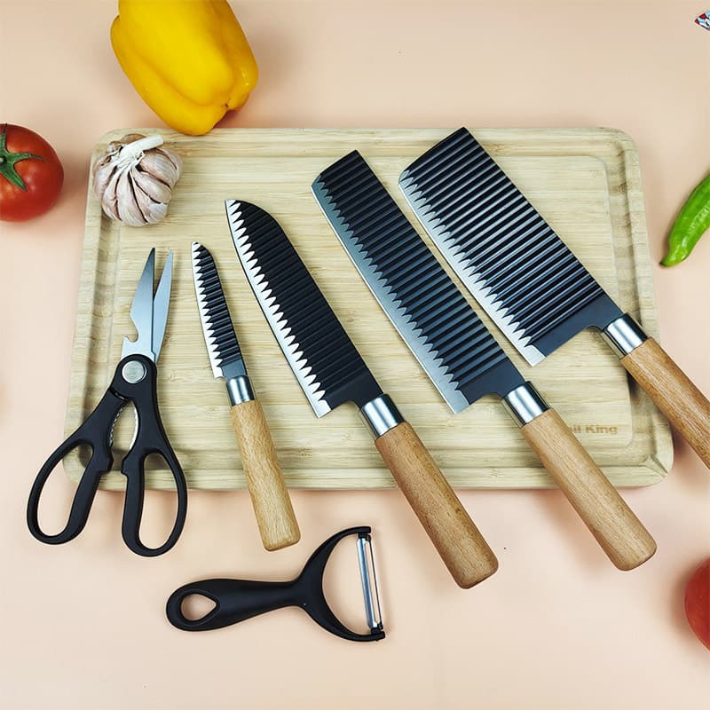 Foreign Trade Knife Set with Beech Wood Handle, 6-Piece Set, Wave-Pattern Spray-Painted Kitchen Knife, Japanese-Style Chef's Knife, Cross-Border Knife Set