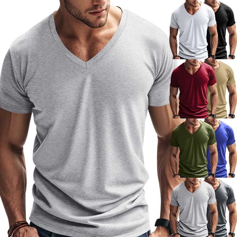 Cross-border Amazon American Style Spring/Summer Men's Fashion V-Neck Quick-Dry Breathable Casual Sports Short Sleeve T-Shirt