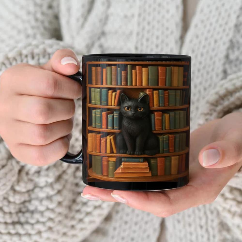 Black Cat Library Ceramic Coffee Mug Library Themed Ceramic Water Cup