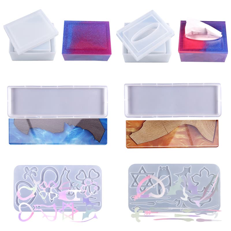 11 Resin Mold Practical Molds for Daily Use: Tissue Box, Four-Leaf Clover, Button, Round Stand Silicone Molds