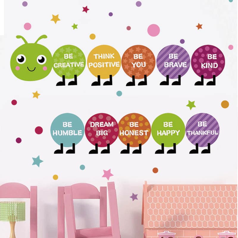 Caterpillar Motivational English Phrase Wall Sticker for Kids Room Bedroom Wall Home Decorative Painting Self-Adhesive PVC Wallpaper