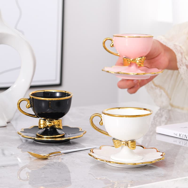 Electroplated bow afternoon tea espresso cup set ceramic gold handle coffee cup and saucer tea cup and saucer set
