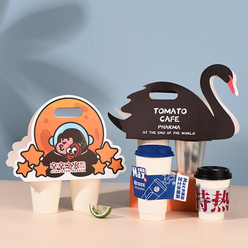 Wholesale disposable cup holders for milk tea and coffee, single and double hole shaped kraft paper cup holders for takeout.