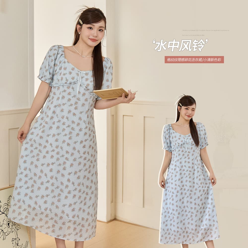 New Summer Contrast Floral Square Neck Plaid Dress Plus Size Curvy Fit Waist Slimming Youthful Dress 65389