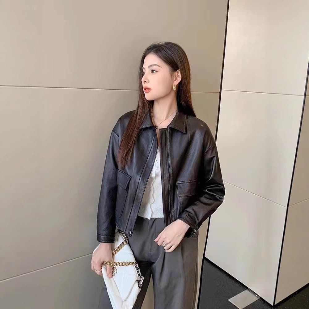 Spring/Autumn New Genuine Vegetable-Tanned Sheepskin Leather Jacket for Women, Loose Casual Short Coat, Fashionable and Versatile