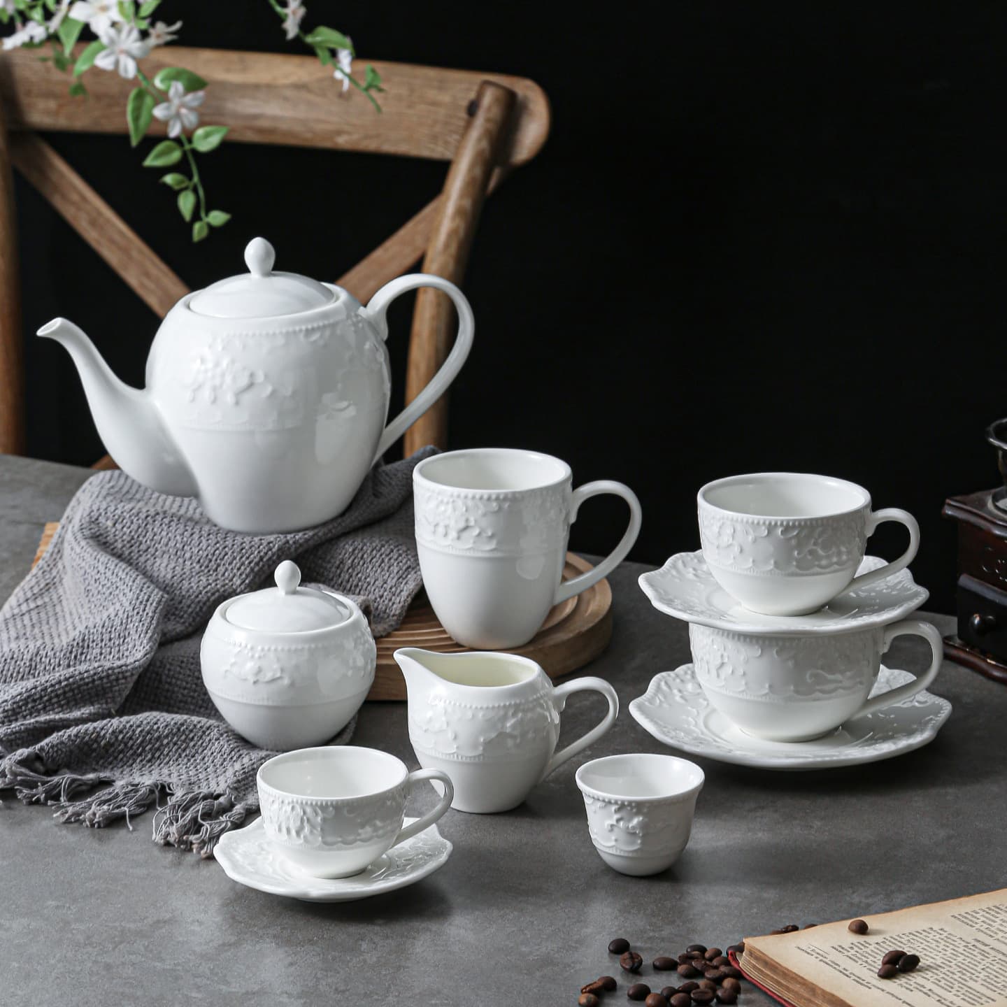 Ceramic Coffee Cup and Saucer Set, Teapot, Milk Jug, European-Style Embossed Tea Cup, Floral Tea Cup, Household Mug, Nordic Style