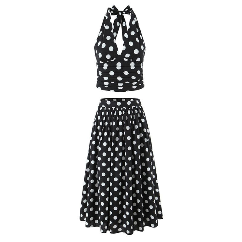 2025 Winter New European and American Style Women's Fashion Sexy Halterneck Polka Dot Top Long Skirt