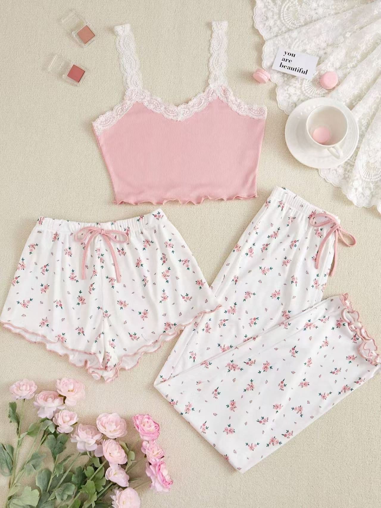 Sexy Floral Pajamas for Women Summer Lace Camisole Three-Piece Set with Short and Long Pants Cute Ladies Loungewear