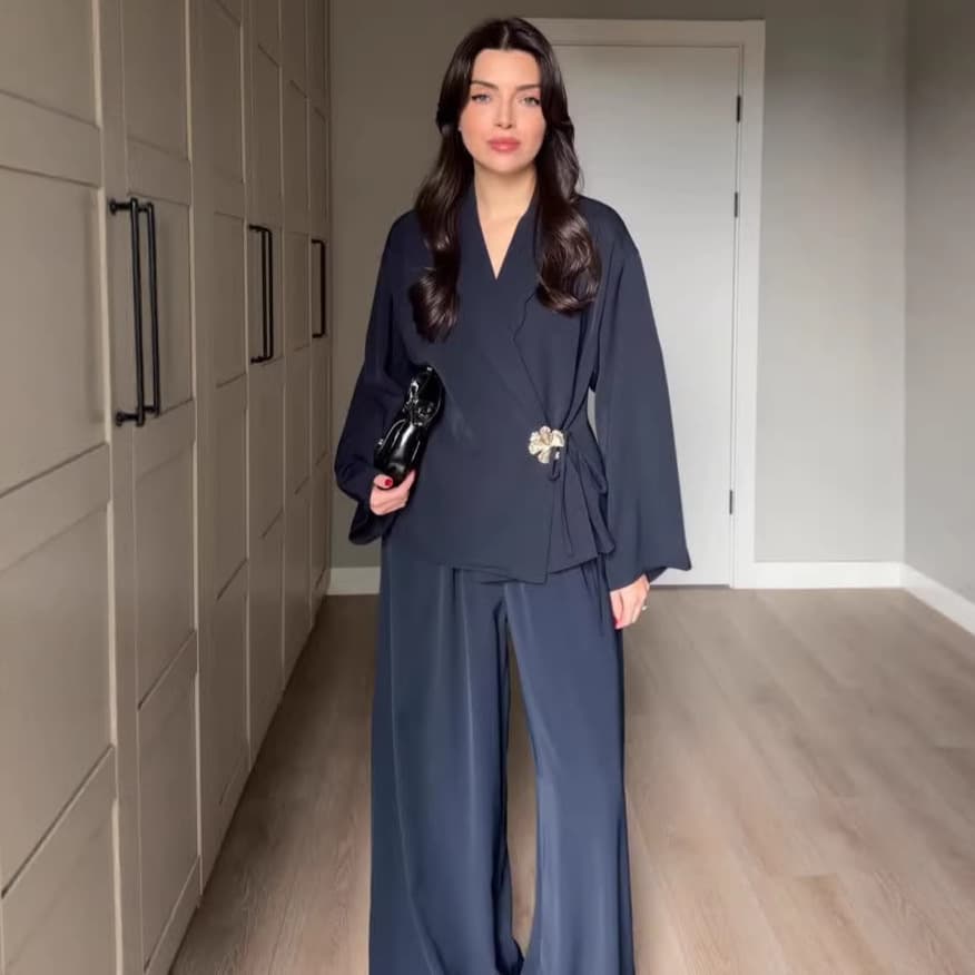 Amazon Cross-border 2026 Fall New Commuter Professional V-Neck Long Sleeve Button Women's Slim Straight Pants Two-Piece Set