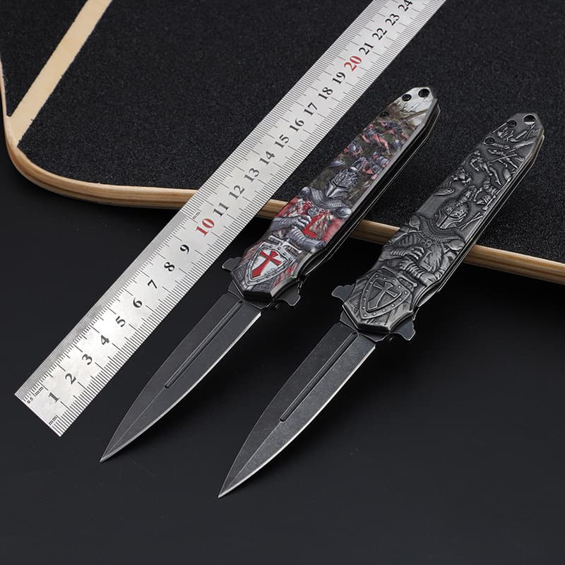 Knife Self-Defense Folding Knife Camping Knife Crusader Decorative Knife Portable Small Knife Stainless Steel Outdoor Knife Knight Relief