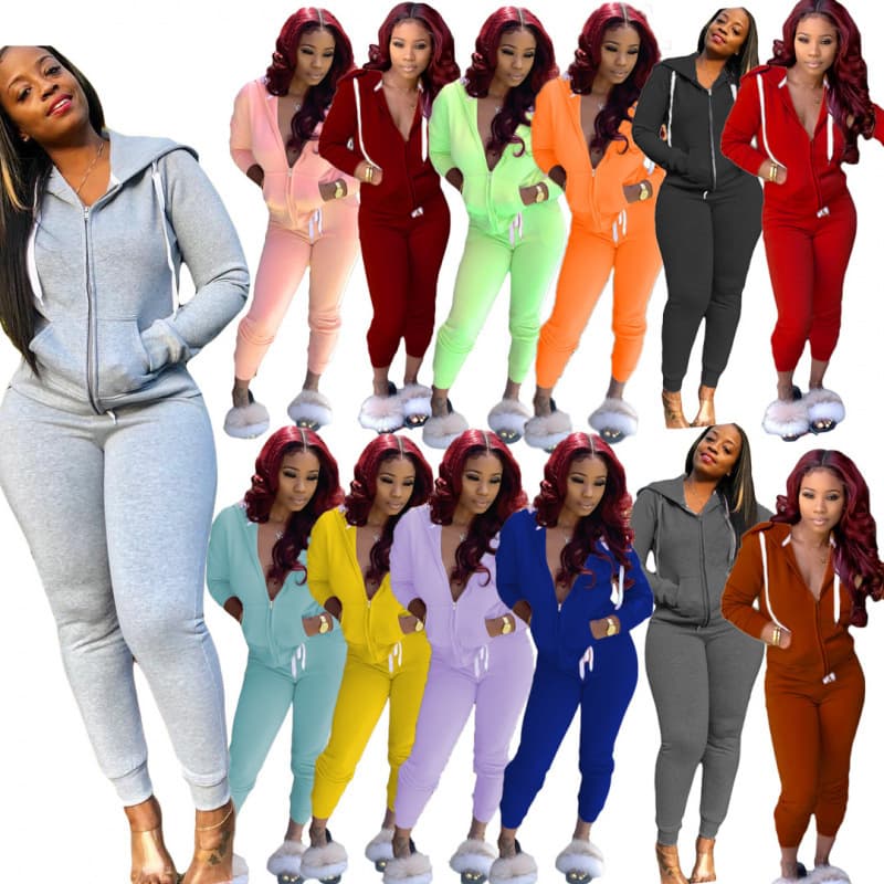 2024 Cross-Border Amazon Wish Autumn Bestseller: European and American Women's Clothing Solid Color Hoodie Set (Sports Two-Piece Set)
