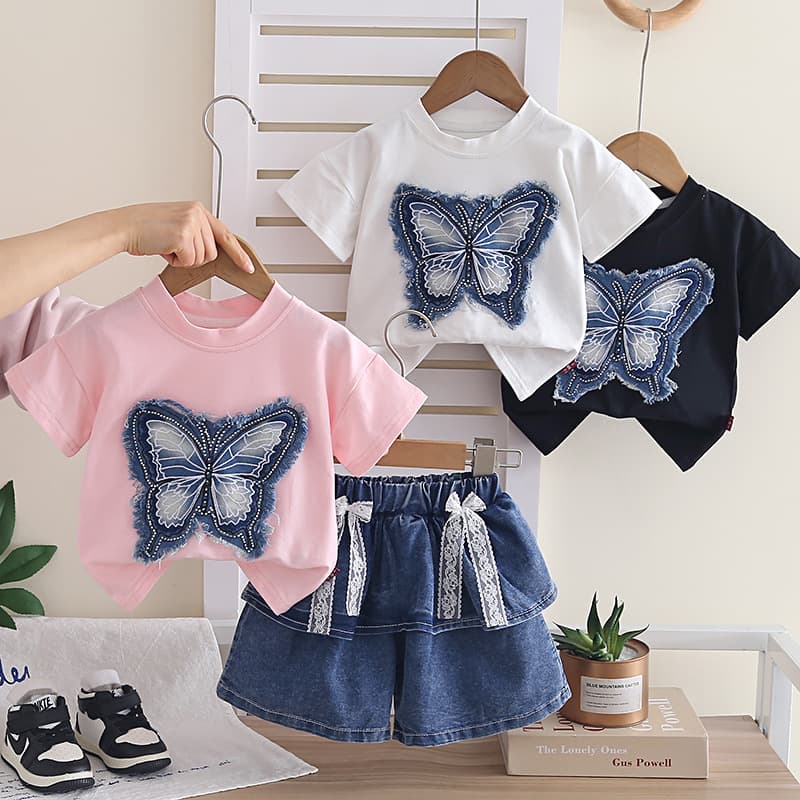 2026 New Summer Girls Set Cartoon Embroidered Bow Jeans Short Sleeve 0-5 Years Two-Piece Set