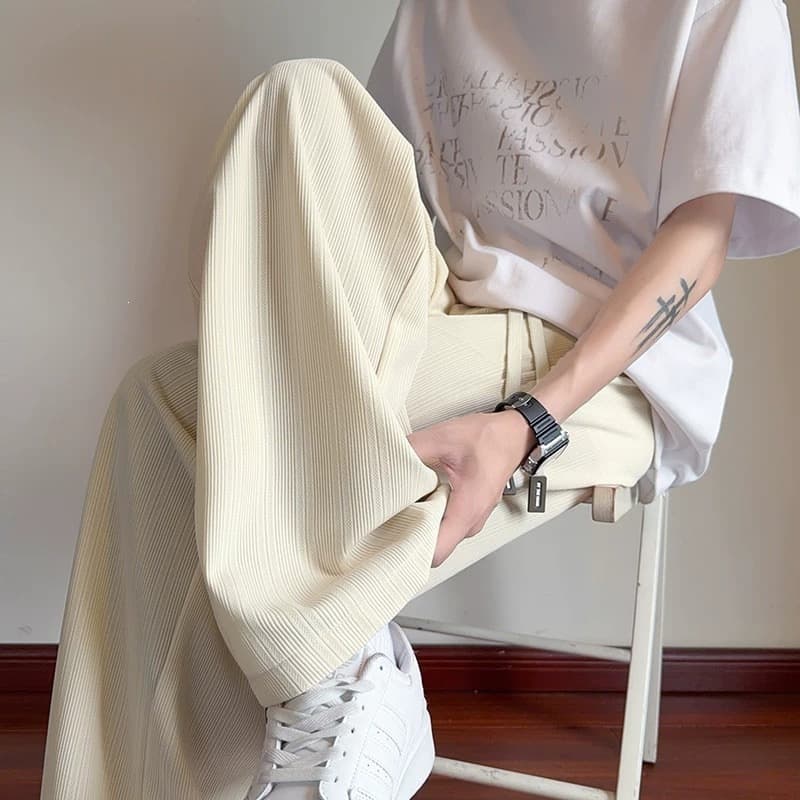 Ice Silk Straight-Leg Pants Men 2026 Summer Thin Wide-Leg Pants Loose Plus-Size Textured Cool-Feeling Drapey Casual Trousers