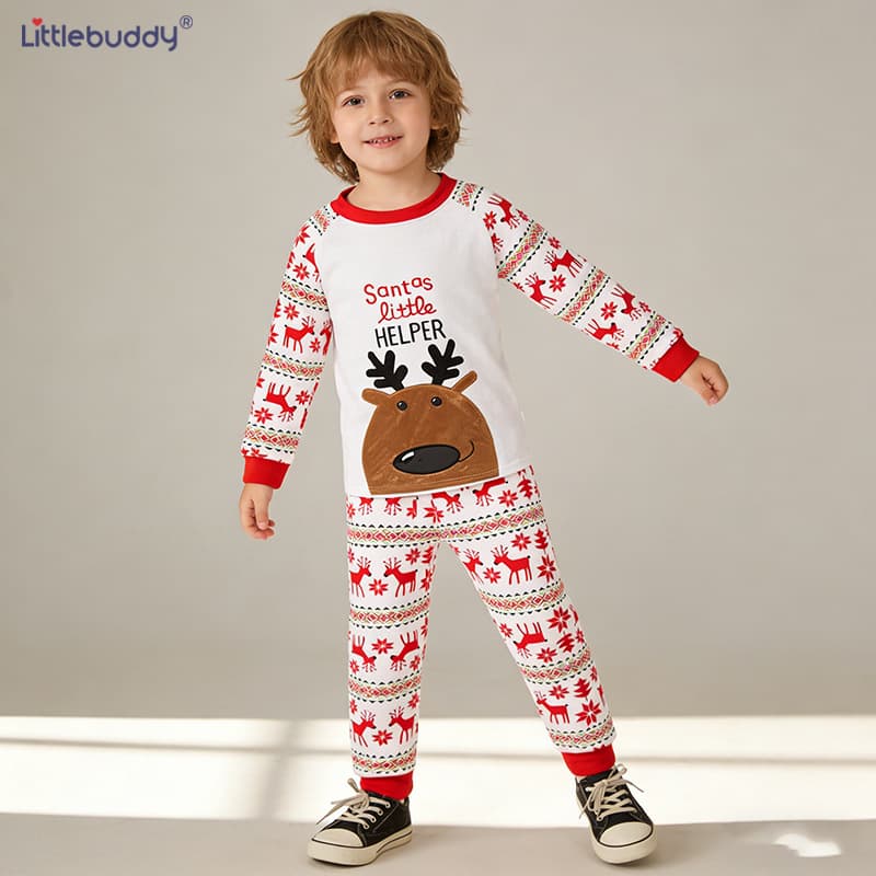 Cross-border Christmas Children's Boys Cotton Pajama Set Kids Loungewear Sleepwear Round Neck Two-Piece Long Sleeve Christmas Set