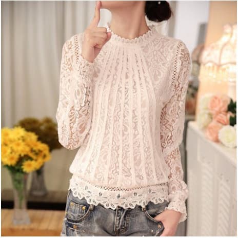Real photos of autumn women's tops, long-sleeved, slim-fitting tops, lace stitching, hollow women's lace bottoming tops