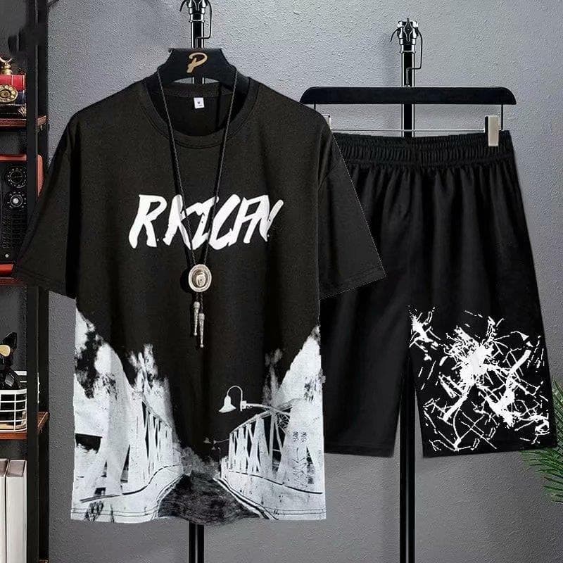 New Summer Short Sleeve T-Shirt Set Men's Trendy Casual Ins Brand Half Sleeve Ice Silk Tee Two-Piece Set
