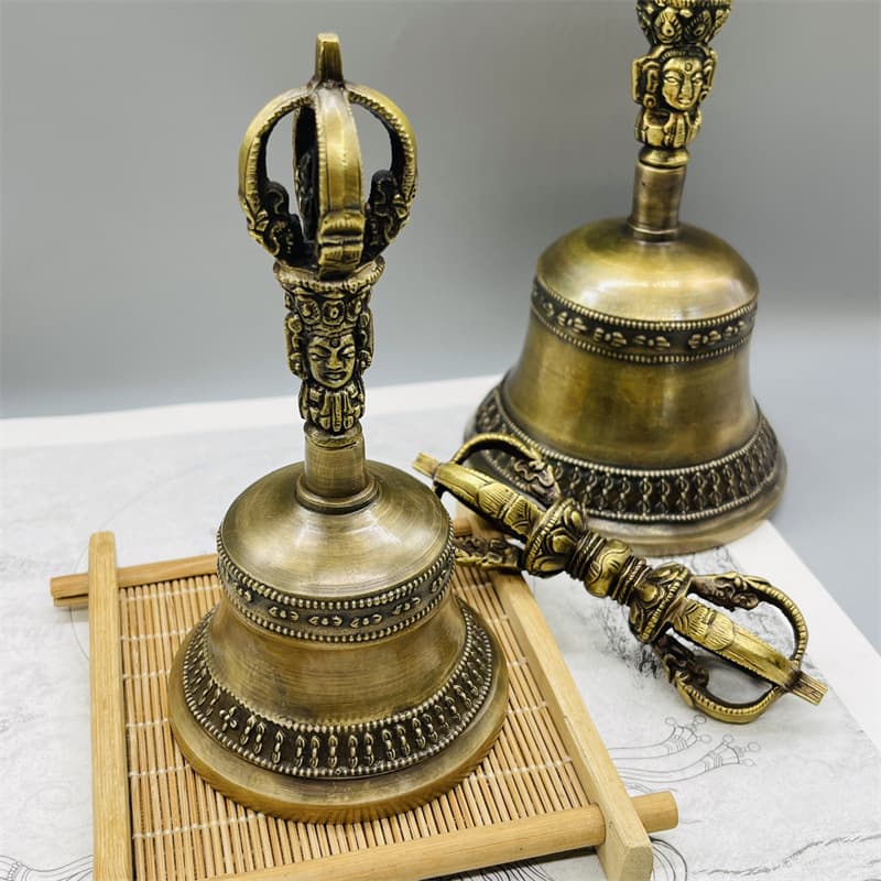 Tibetan Buddhist Five-Pronged Vajra Bell and Pestle, Nepalese Handmade Vintage Pure Copper Bell, Awakening Bell with a Crisp Echo