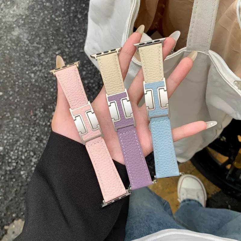 Cross-border ins style genuine leather magnetic buckle watch band with lychee texture, compatible with Apple Watch S9 S10 S11