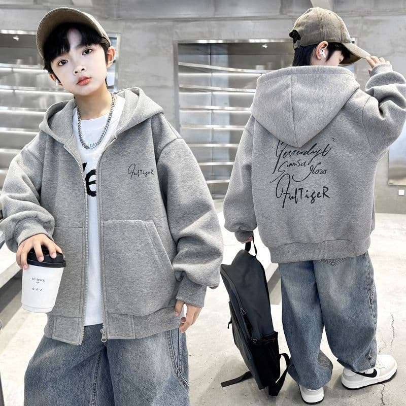 Children's autumn and winter coats, spring and autumn zippers, medium and large children's 2026 new boys' handsome street hooded cardigan tops trendy