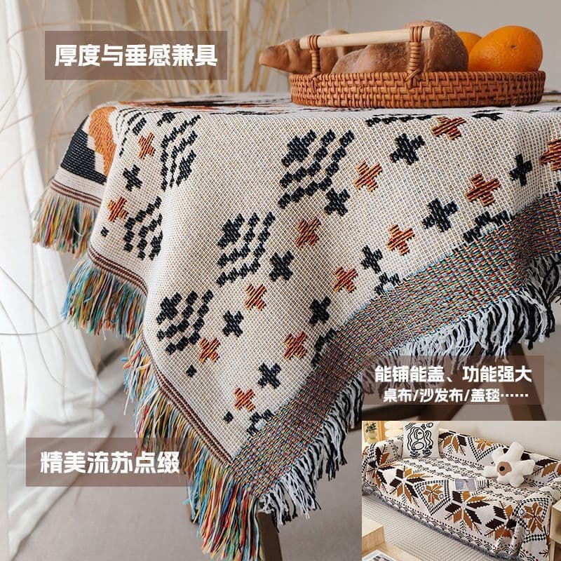 Multifunctional Woven Tablecloth Vintage Ethnic Style Round Square Table Cloth Table Mat Sofa Cover Throw Blanket Dining Table Cover