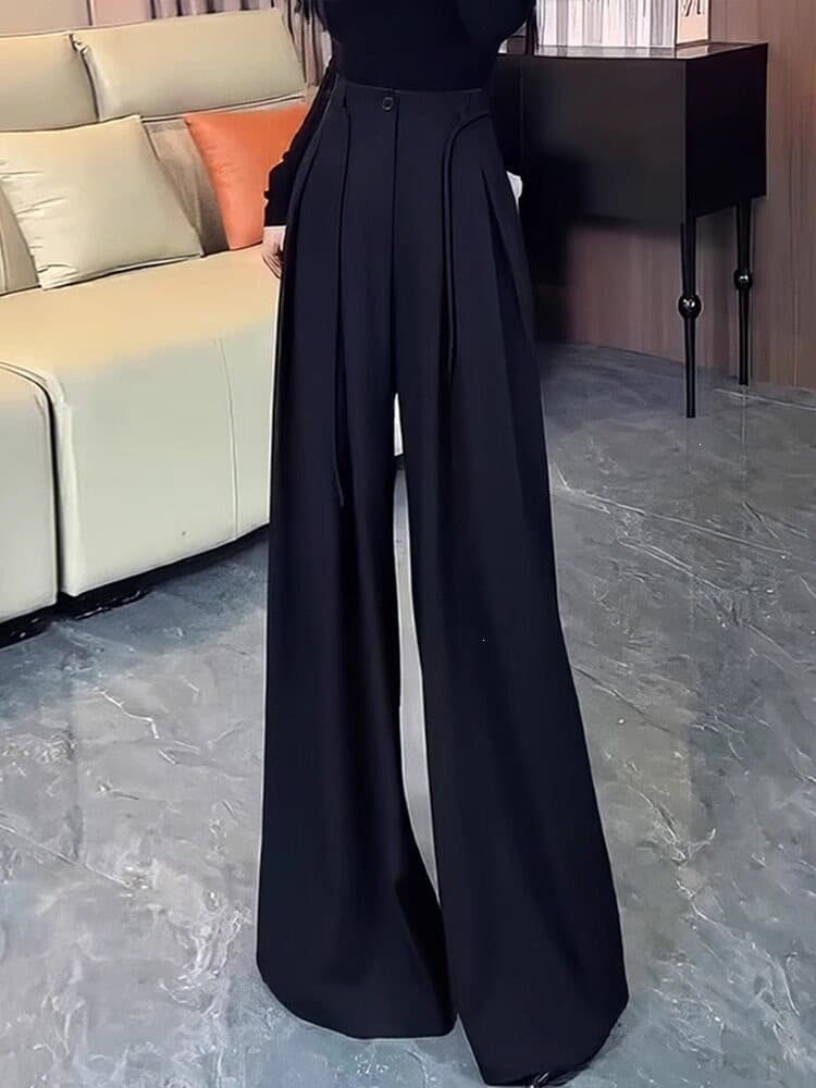 Black Pleated Design Women's Trousers Summer Bestseller Loose Relaxed Fit Comfortable Straight-Leg Floor-Length Pants