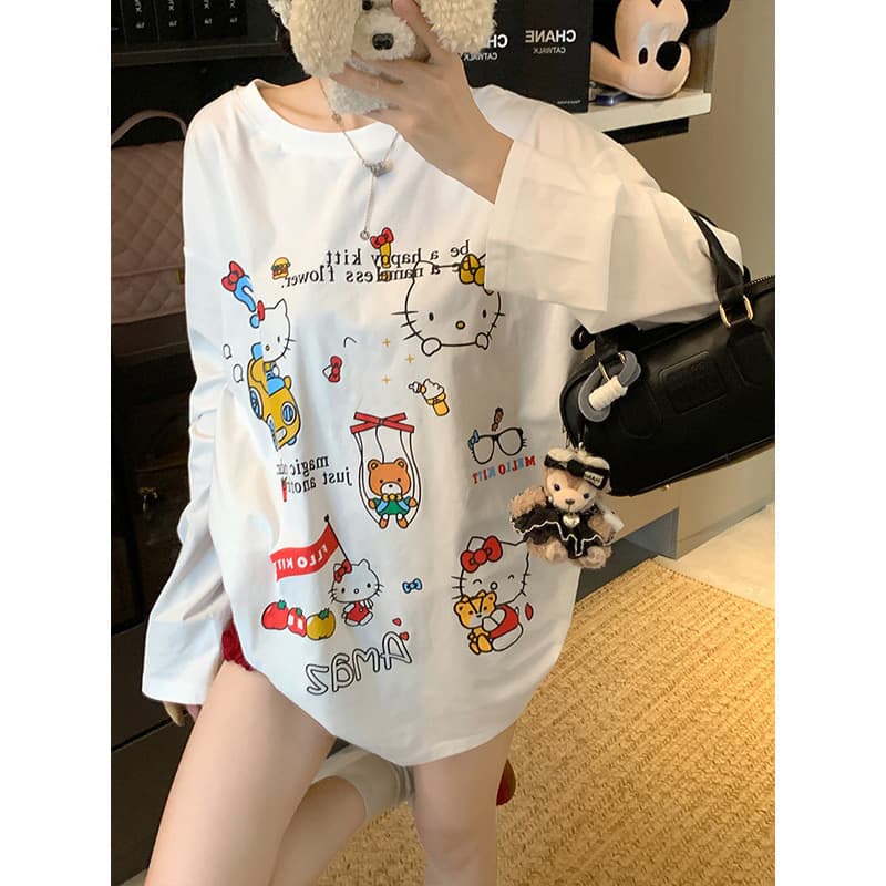 Cute Hello Kitty Print Long-Sleeve Loose T-Shirt for Women, Autumn Casual Sweet Design Versatile Sleepwear Top