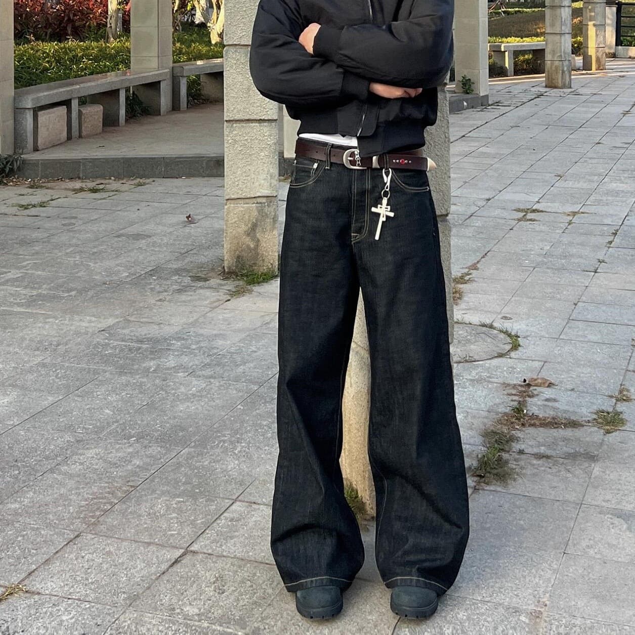 Denim Original Color Straight Loose Fit Men's Jeans American High Street Trendy Cleanfit Slightly Flared Pants