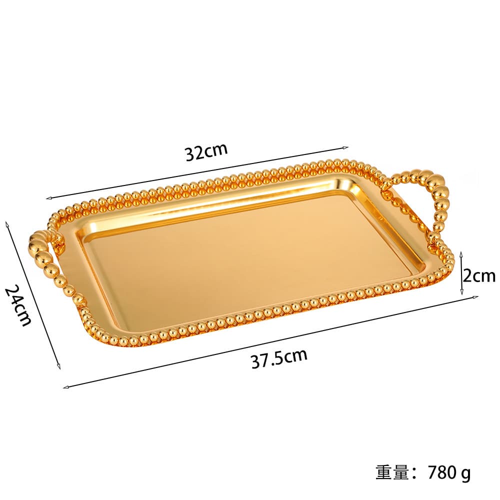 New Handheld Tray Decorative Metal Silver-Plated Beaded Square Tray Fruit Plate Baking Cake Plate Factory Wholesale