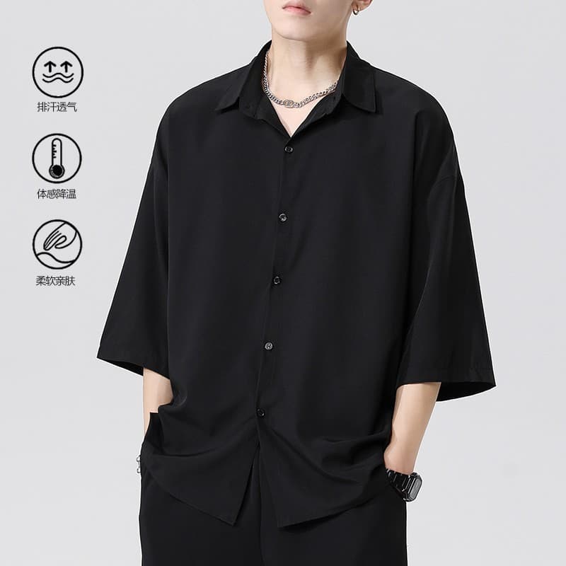 Ice Silk Short-Sleeved Shirt Men's Summer Lightweight Breathable Black Casual Loose Versatile Three-Quarter Sleeve White Shirt