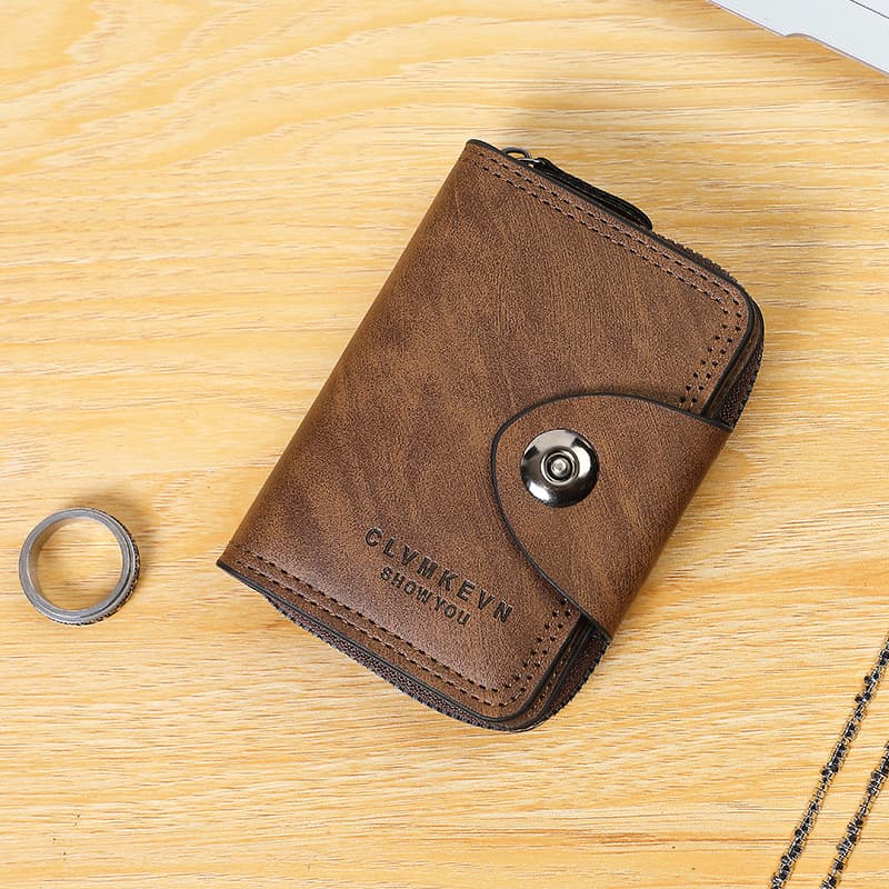 2026 New Retro Men's Short Wallet, Fashion Zipper Multi-Function Card Holder with 1-Fold Buckle Coin Purse