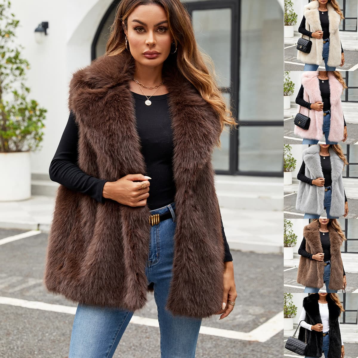 Women's Faux Fur Vest with Stand Collar, Faux Fox Fur Warm Vest, Artificial Fur Vest for Women, Cross-Border European and American Style