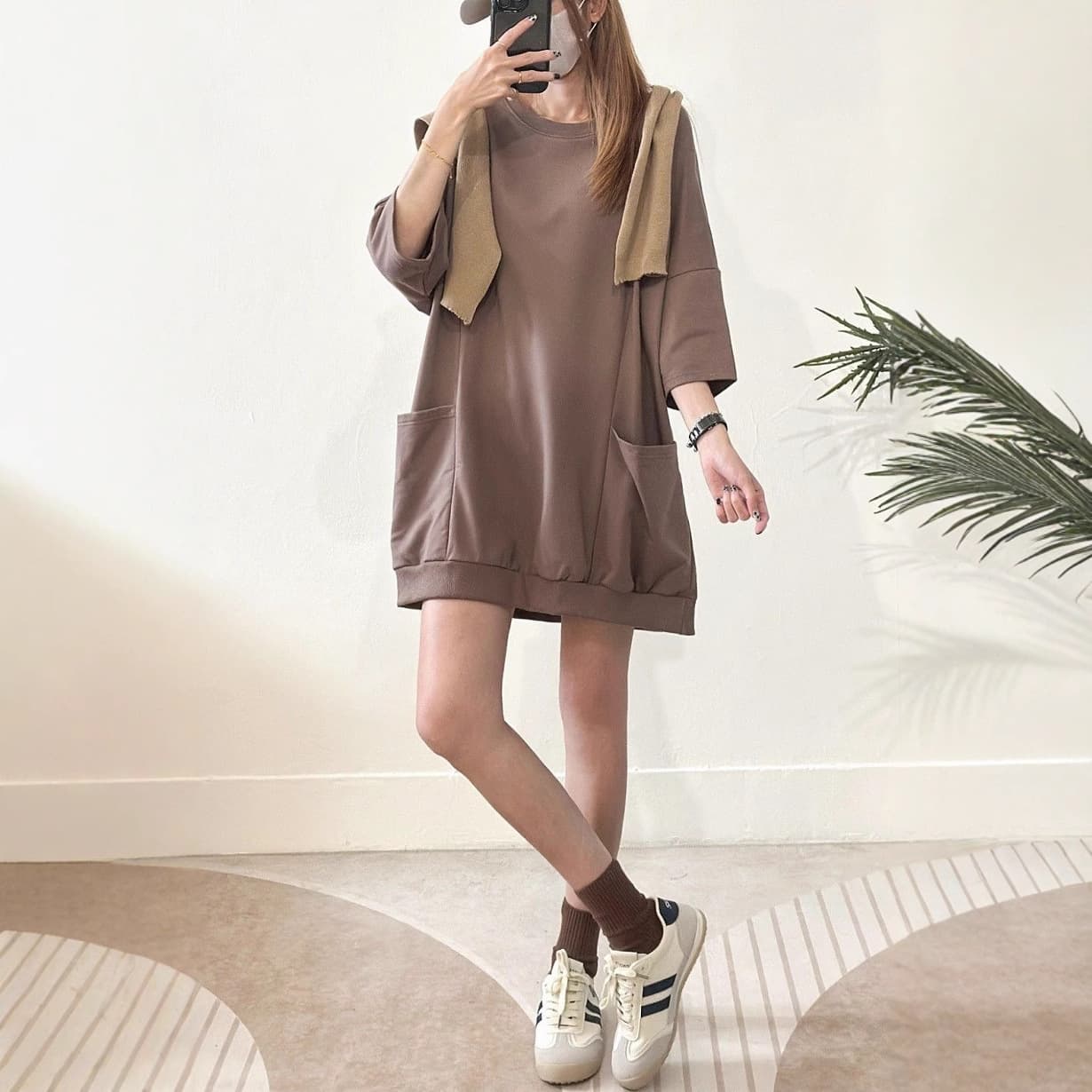 Japanese and Korean Lazy Style Double Pocket Half Sleeve T-Shirt for Women 2025 Summer New Loose Plus Size Mid-Length Top