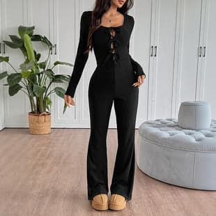 TEMU European and American 2026 Fall/Winter New Arrival Mature Sexy Style Jumpsuit Black Square Neck Tie-Up Slim Fit Long Pants
