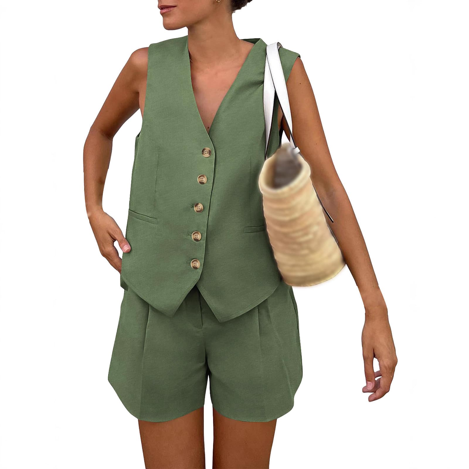 Fashionable Casual Two-Piece Set for Women 2026 New Arrival V-Neck Single-Breasted Sleeveless Vest and Shorts, Elegant and Slimming
