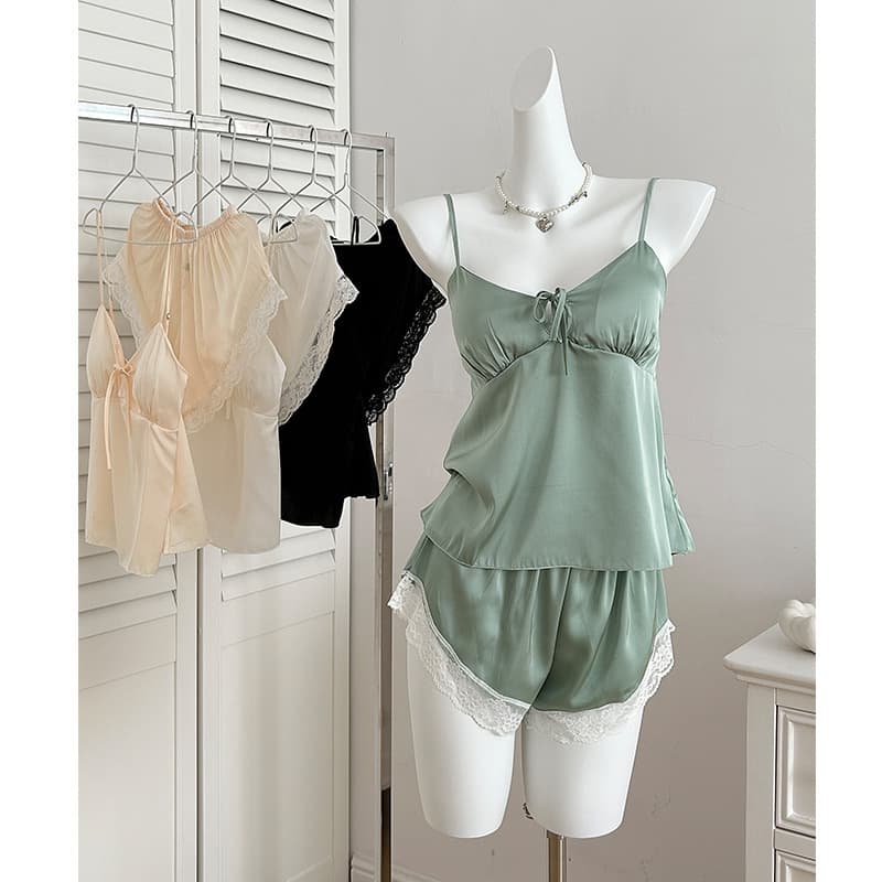 Sexy Lace Camisole Shorts Set Women's Sleepwear Spring Summer Ice Silk Comfortable Loungewear