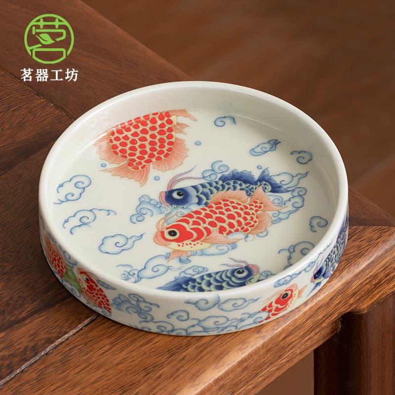 Mutton Fat Jade Full-color Hand-painted Chinese Dragon Fish High-end Gongfu Tea Set Pot Saver Ceramic Tea Rinse Tea Residue Jar Cup Washer