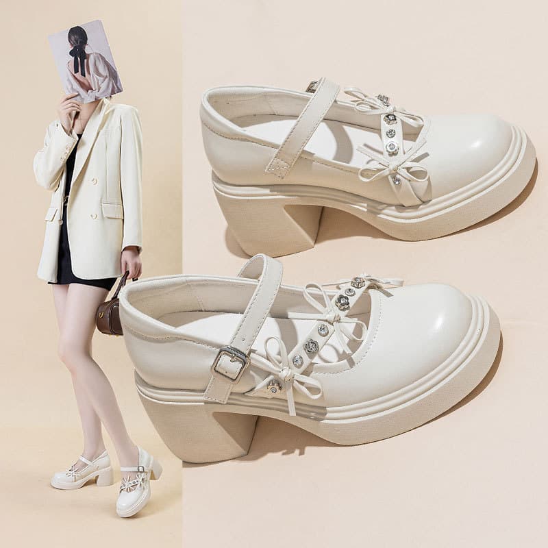 Small height-increasing Mary Jane thick-soled shoes for women 2026 new spring and summer shallow mouth loafers beige high-heeled shoes