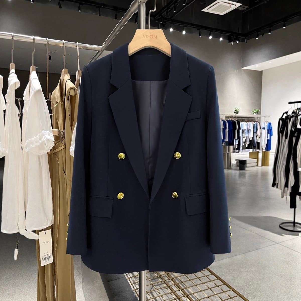 In Stock 1115 Autumn/Winter New Plus Size Women's Navy Blue Premium Blazer Jacket with Cotton Padding for Curvy Women