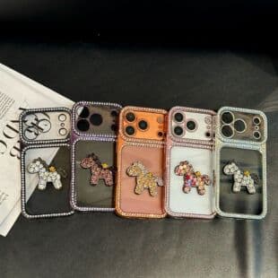 2-in-1 Large Window Crystal Horse Electroplated Rhinestone Case, Bling Light Luxury Drop Protection Case for Apple Samsung