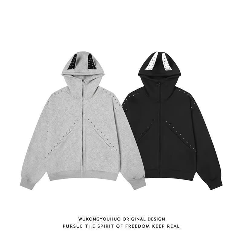 Designed rivet stitching Doberman ear hooded sweatshirt for men and women in autumn trendy niche versatile heavyweight couple coat
