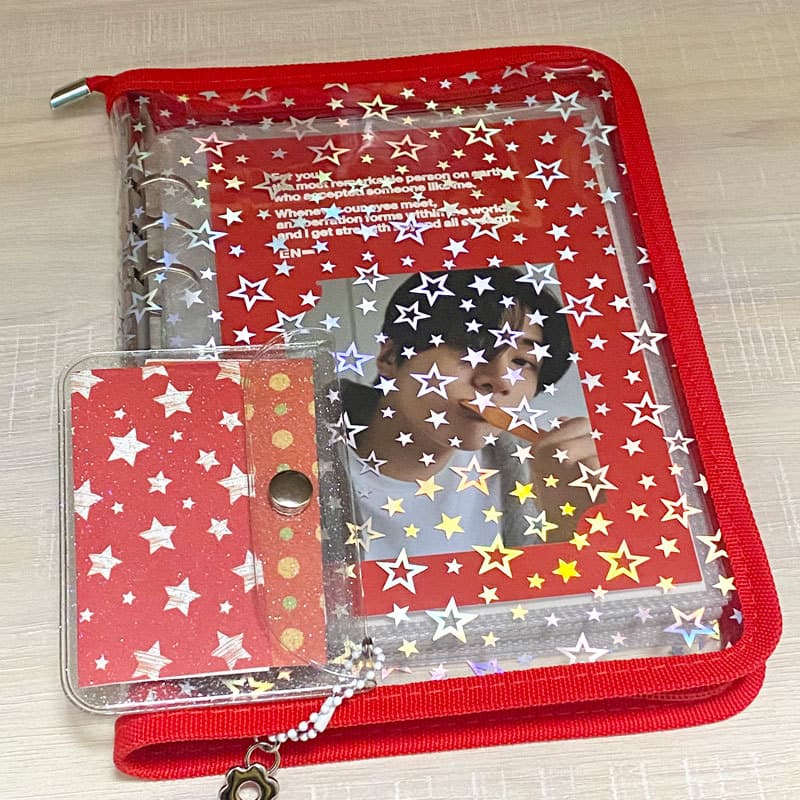 This popular red A5 binder set from Xiaohongshu features a celebrity-themed single-cover notebook with a colorful star-shaped 6-hole cover.